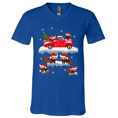 Red Panda Driving Christmas Tree Truck Red Panda Christmas Gift V-Neck T-Shirt