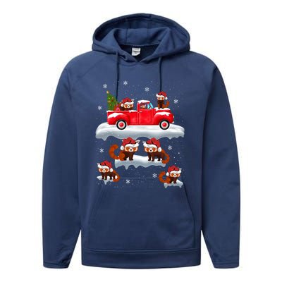 Red Panda Driving Christmas Tree Truck Red Panda Christmas Gift Performance Fleece Hoodie