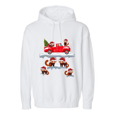 Red Panda Driving Christmas Tree Truck Red Panda Christmas Gift Garment-Dyed Fleece Hoodie