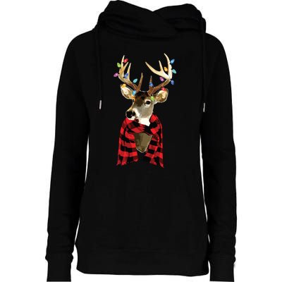 Reindeer Plaid Deer Buffalo Holiday Christmas Womens Funnel Neck Pullover Hood