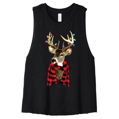 Reindeer Plaid Deer Buffalo Holiday Christmas Women's Racerback Cropped Tank