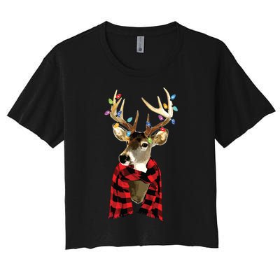 Reindeer Plaid Deer Buffalo Holiday Christmas Women's Crop Top Tee