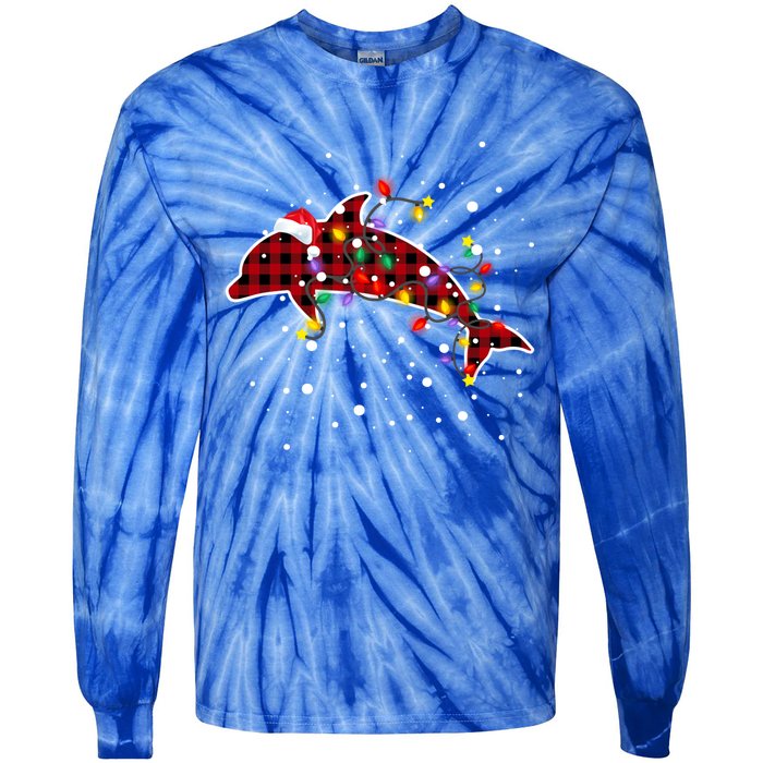 Red Plaid Dolphin Christmas Pajamas Family Xmas Lights Meaningful Gift Tie-Dye Long Sleeve Shirt