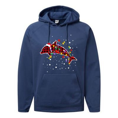 Red Plaid Dolphin Christmas Pajamas Family Xmas Lights Meaningful Gift Performance Fleece Hoodie