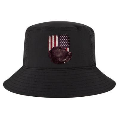 Realistic Patriotic Dog Portrait With USA Flag Backdrop Cool Comfort Performance Bucket Hat