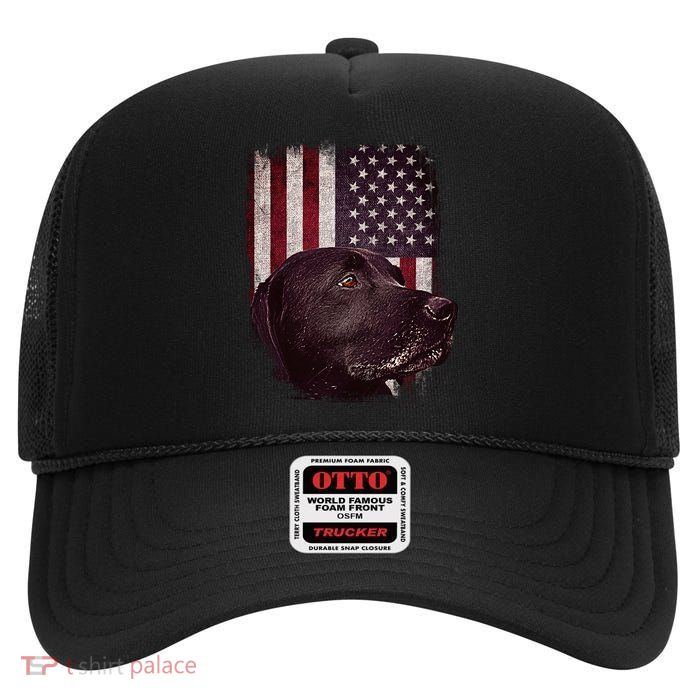Realistic Patriotic Dog Portrait With USA Flag Backdrop High Crown Mesh Back Trucker Hat