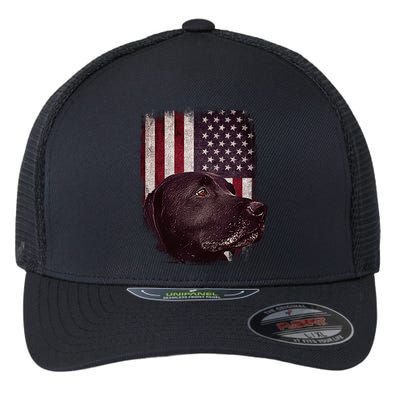 Realistic Patriotic Dog Portrait With USA Flag Backdrop Flexfit Unipanel Trucker Cap