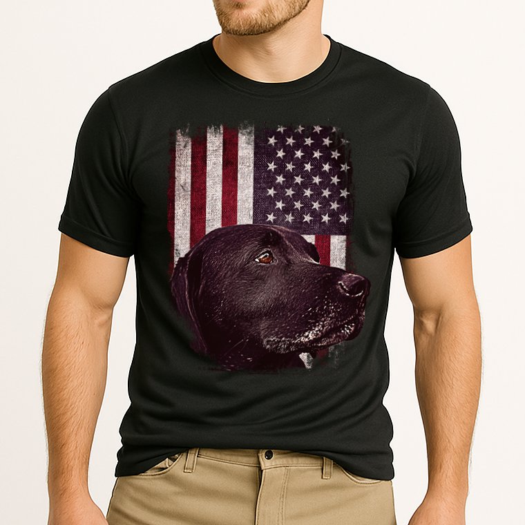Realistic Patriotic Dog Portrait With USA Flag Backdrop Performance Shirt