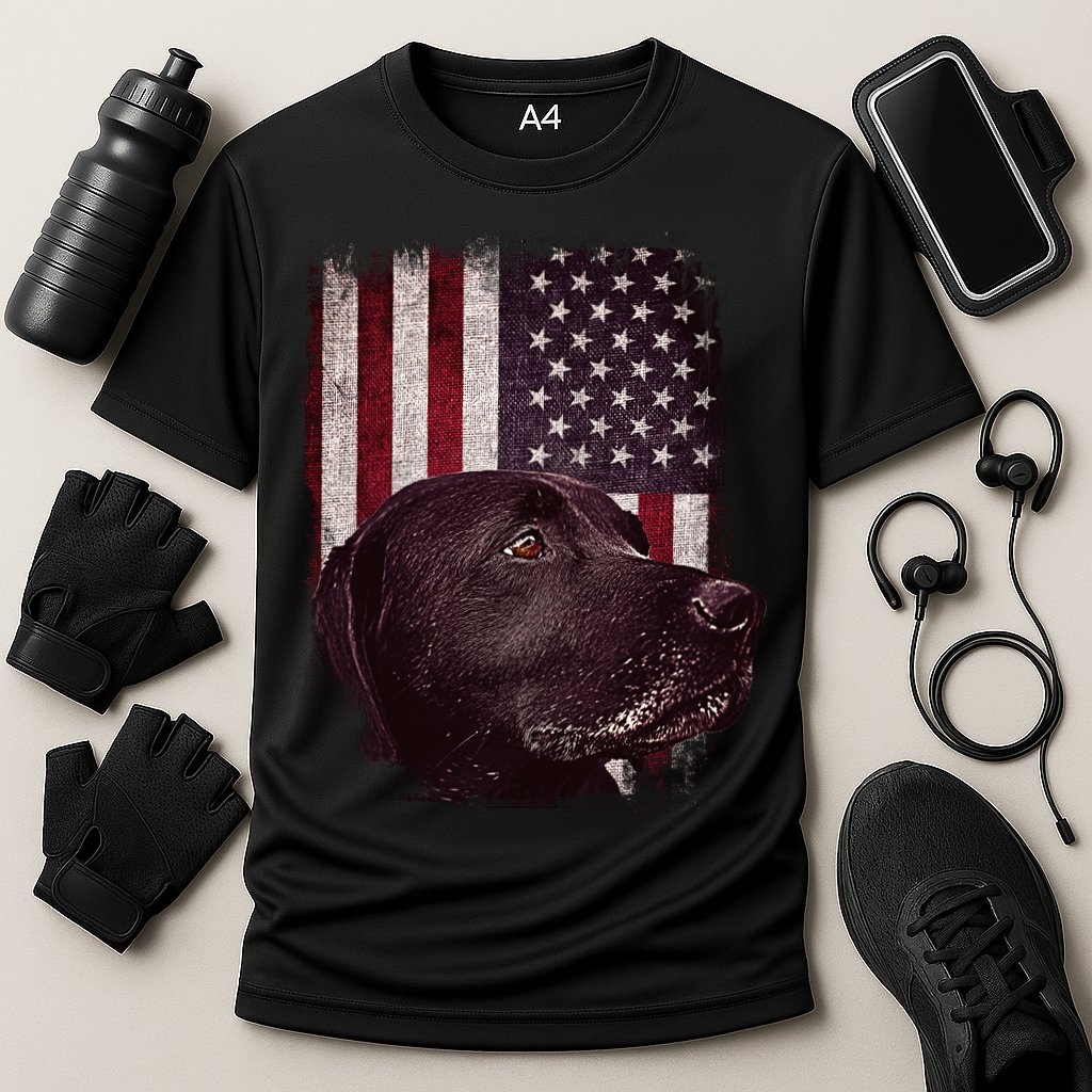 Realistic Patriotic Dog Portrait With USA Flag Backdrop Performance Shirt
