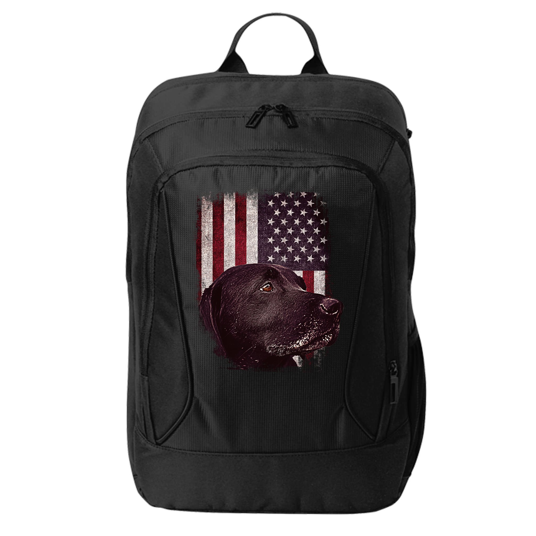 Realistic Patriotic Dog Portrait With USA Flag Backdrop City Backpack