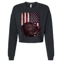 Realistic Patriotic Dog Portrait With USA Flag Backdrop Cropped Pullover Crew