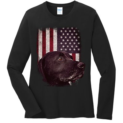 Realistic Patriotic Dog Portrait With USA Flag Backdrop Ladies Long Sleeve Shirt