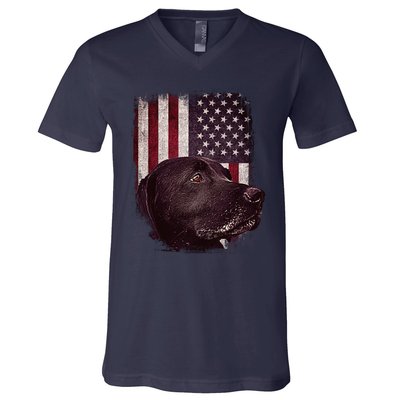 Realistic Patriotic Dog Portrait With USA Flag Backdrop V-Neck T-Shirt