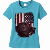 Realistic Patriotic Dog Portrait With USA Flag Backdrop Womens T-Shirt