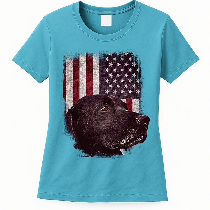 Realistic Patriotic Dog Portrait With USA Flag Backdrop Womens T-Shirt