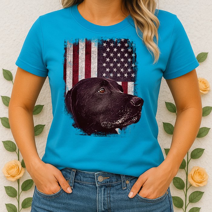 Realistic Patriotic Dog Portrait With USA Flag Backdrop Womens T-Shirt