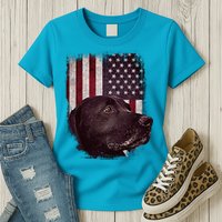 Realistic Patriotic Dog Portrait With USA Flag Backdrop Womens T-Shirt