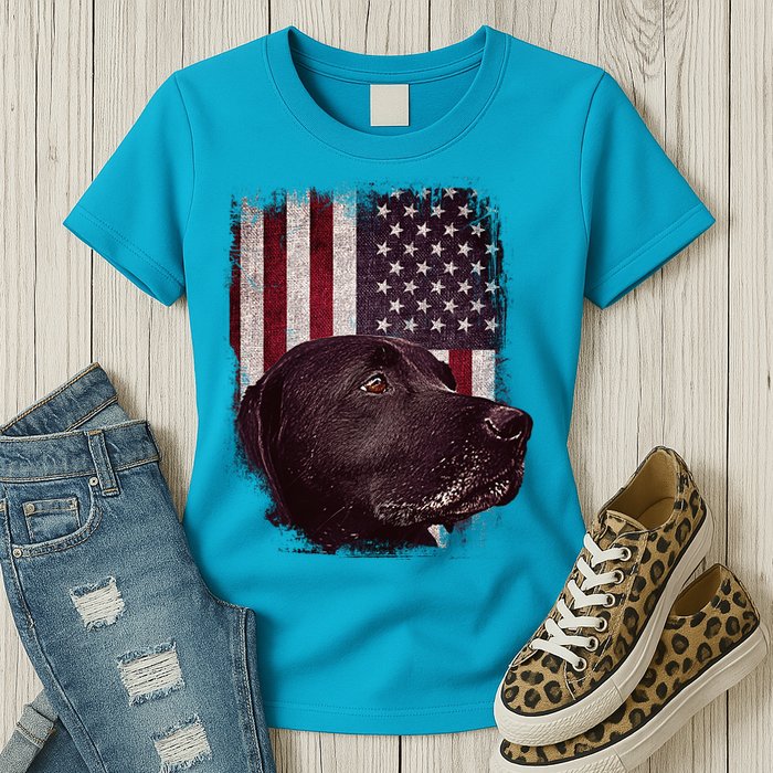 Realistic Patriotic Dog Portrait With USA Flag Backdrop Womens T-Shirt