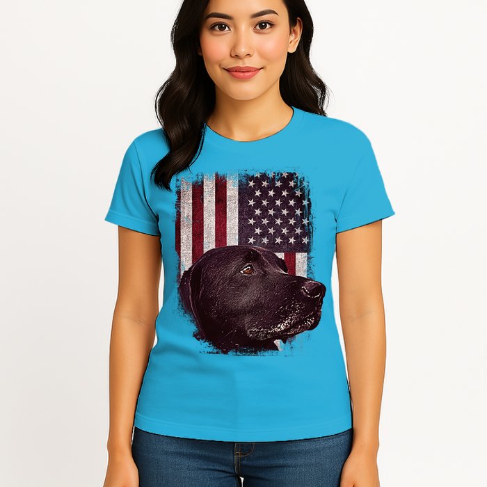 Realistic Patriotic Dog Portrait With USA Flag Backdrop Womens T-Shirt