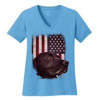 Realistic Patriotic Dog Portrait With USA Flag Backdrop Women's V-Neck T-Shirt