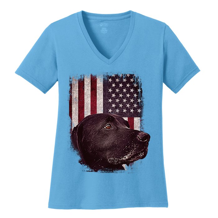 Realistic Patriotic Dog Portrait With USA Flag Backdrop Women's V-Neck T-Shirt
