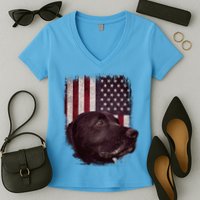 Realistic Patriotic Dog Portrait With USA Flag Backdrop Women's V-Neck T-Shirt