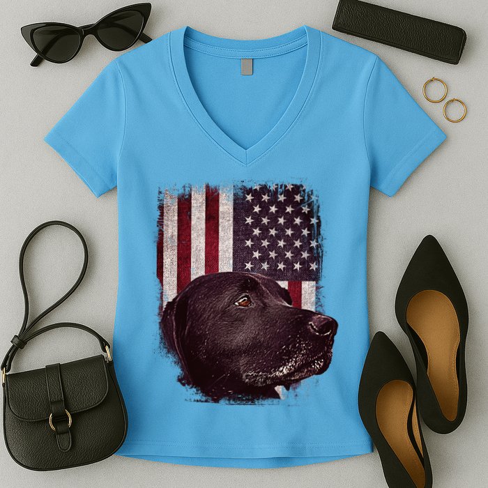 Realistic Patriotic Dog Portrait With USA Flag Backdrop Women's V-Neck T-Shirt