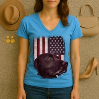Realistic Patriotic Dog Portrait With USA Flag Backdrop Women's V-Neck T-Shirt