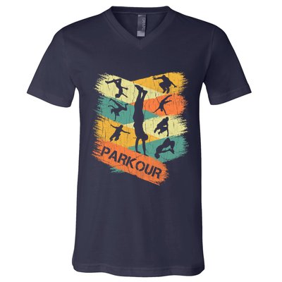 Retro Parkour For Boy Silhouette Vintage Free Running V-Neck T-Shirt