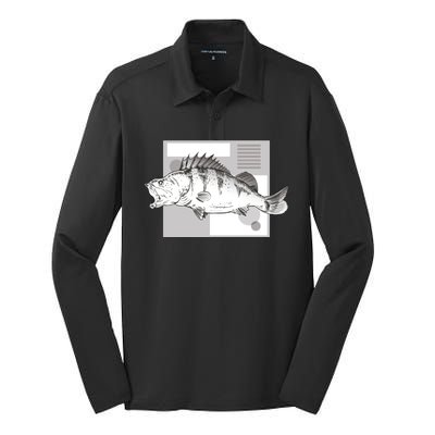 River Perch Fish Sketch Silk Touch Performance Long Sleeve Polo