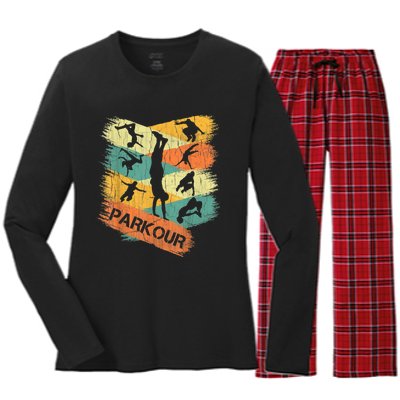 Retro Parkour For Boys Silhouette Vintage Free Running Women's Long Sleeve Flannel Pajama Set 