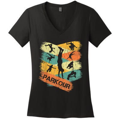 Retro Parkour For Boys Silhouette Vintage Free Running Women's V-Neck T-Shirt