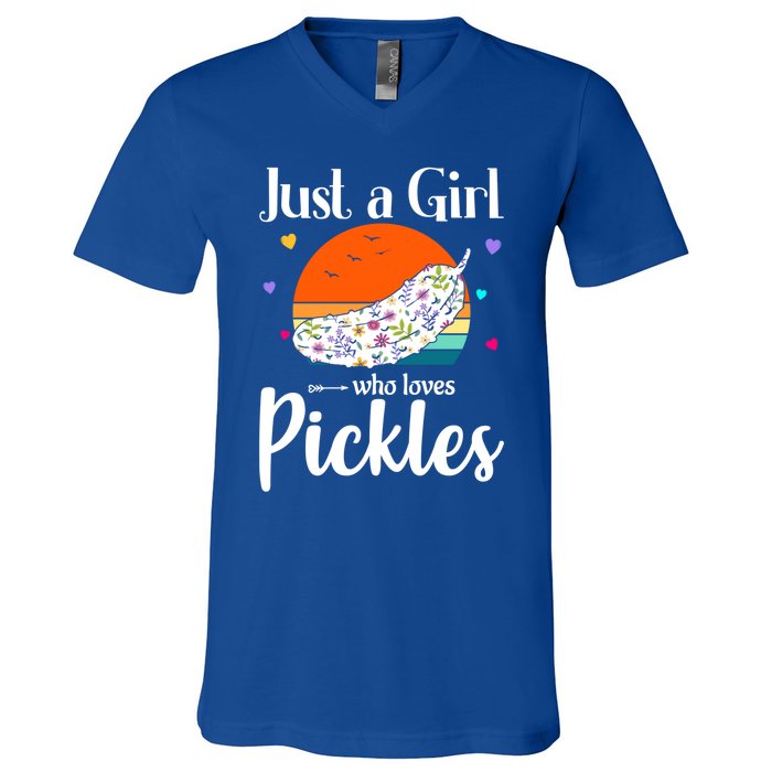 Retro Pickle Floral Design Just A Who Loves Pickles Gift V-Neck T-Shirt