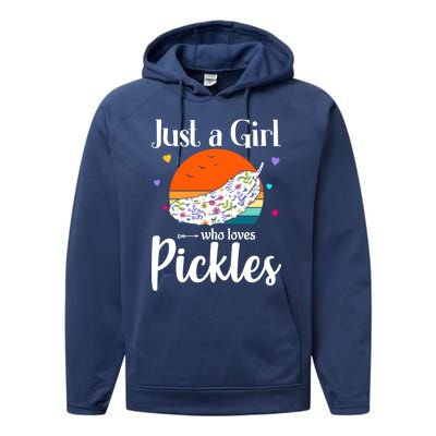 Retro Pickle Floral Design Just A Who Loves Pickles Gift Performance Fleece Hoodie