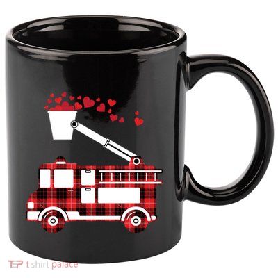 Red Plaid Fire Truck Funny Fire Valentines Day Gift 11oz C Handle Ceramic Mug