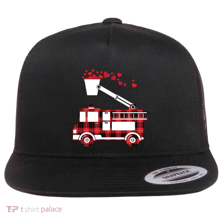 Red Plaid Fire Truck Funny Fire Valentines Day Gift Flatbill Hat
