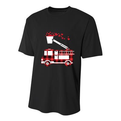Red Plaid Fire Truck Funny Fire Valentines Day Gift Youth Performance Sprint T-Shirt