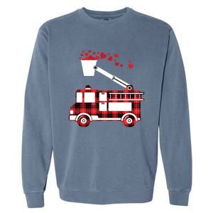 Red Plaid Fire Truck Funny Fire Valentines Day Gift Garment-Dyed Sweatshirt