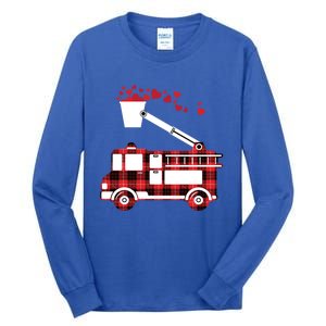 Red Plaid Fire Truck Funny Fire Valentines Day Gift Tall Long Sleeve T-Shirt