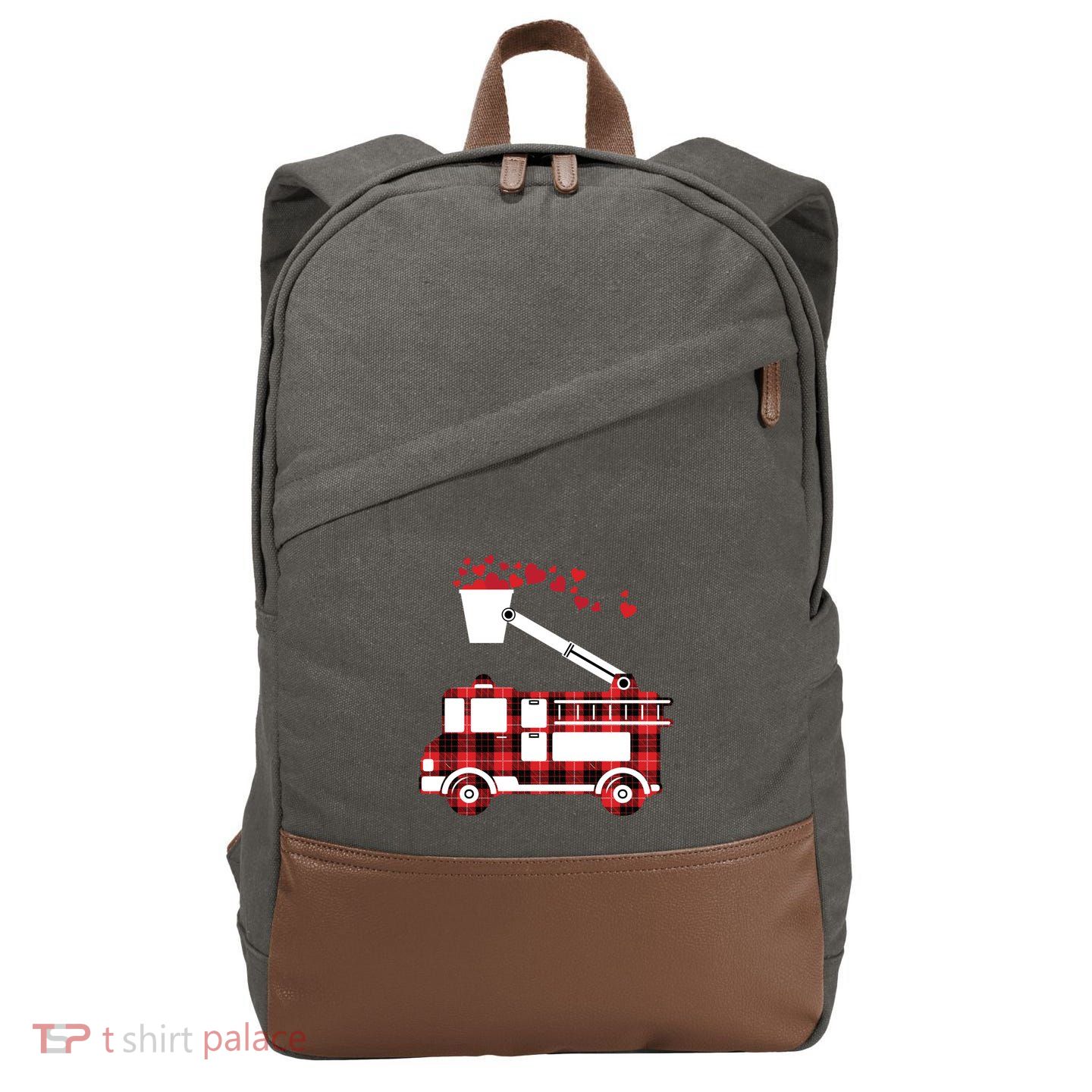 Red Plaid Fire Truck Funny Fire Valentines Day Gift Cotton Canvas Backpack