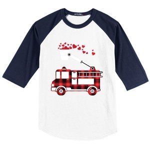 Red Plaid Fire Truck Funny Fire Valentines Day Gift Baseball Sleeve Shirt