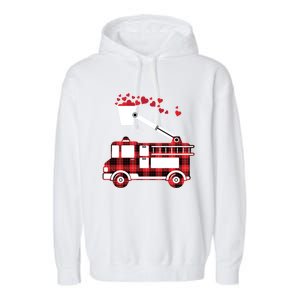 Red Plaid Fire Truck Funny Fire Valentines Day Gift Garment-Dyed Fleece Hoodie