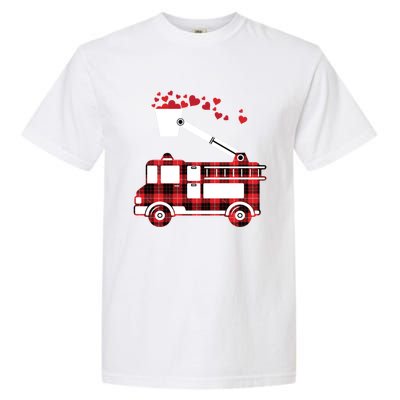 Red Plaid Fire Truck Funny Fire Valentines Day Gift Garment-Dyed Heavyweight T-Shirt