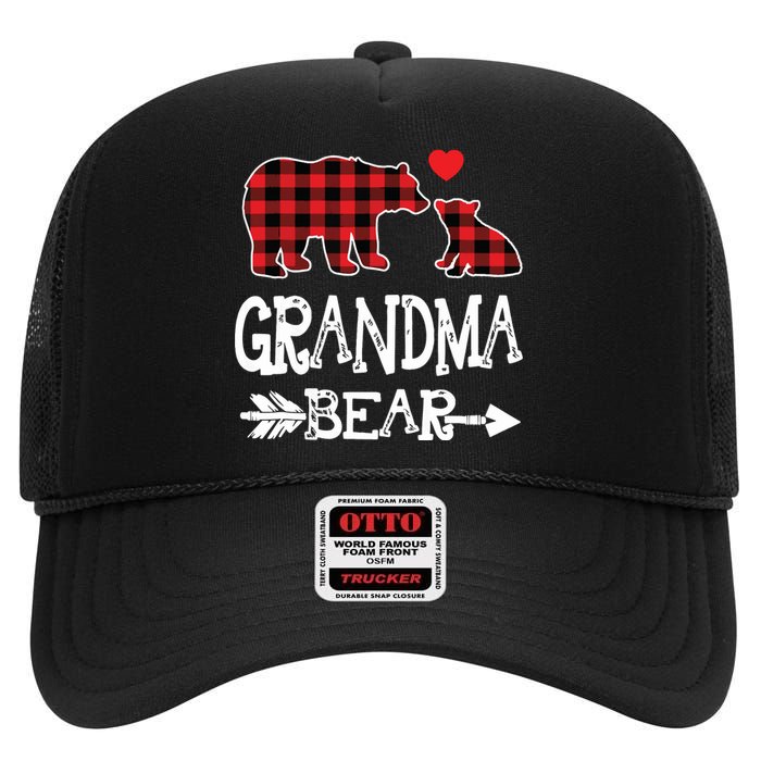 Red Plaid Grandma Bear Christmas Pajama Matching Family High Crown Mesh Back Trucker Hat