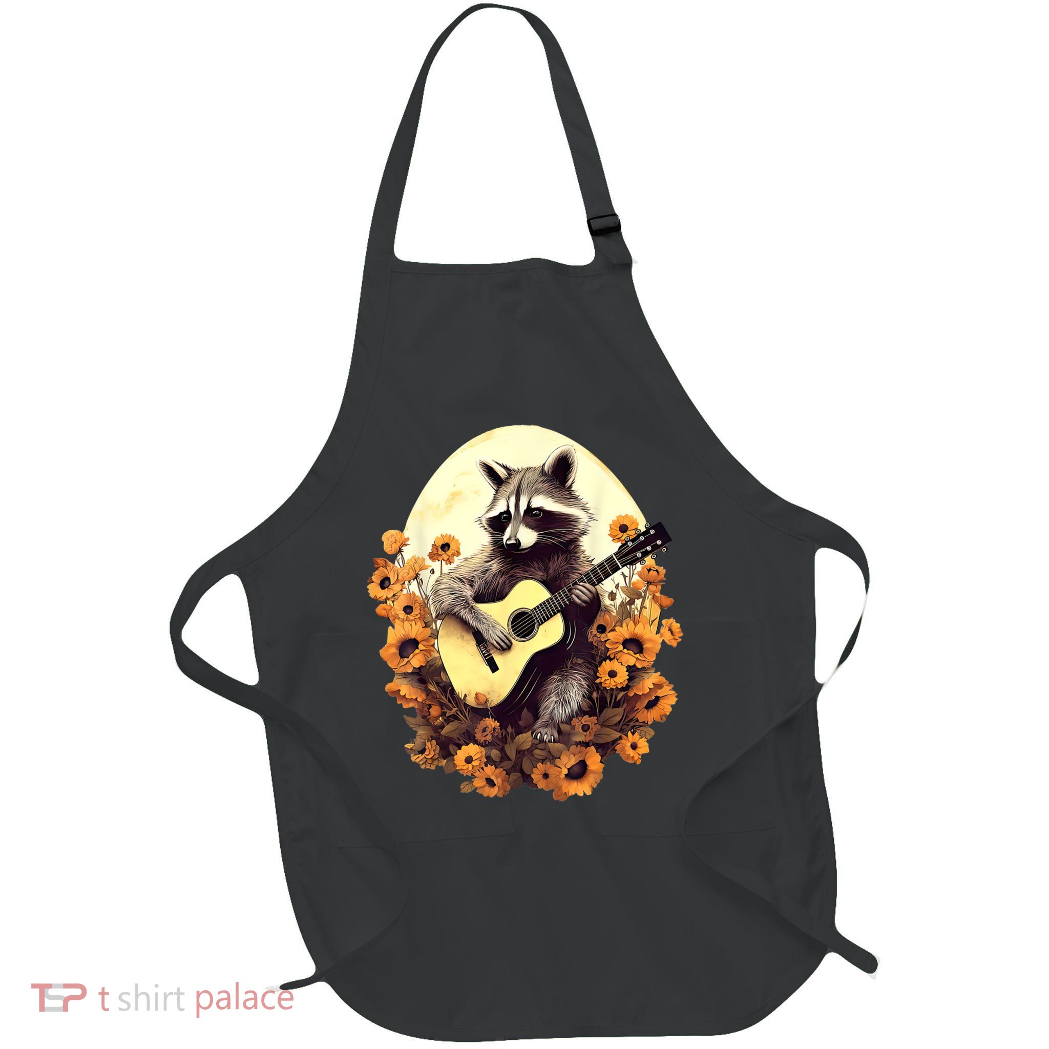 Raccoon Playing Guitar Floral Cottagecore Men Women Apron