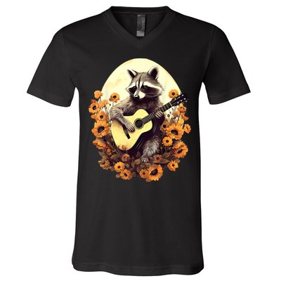 Raccoon Playing Guitar Floral Cottagecore Men Women V-Neck T-Shirt