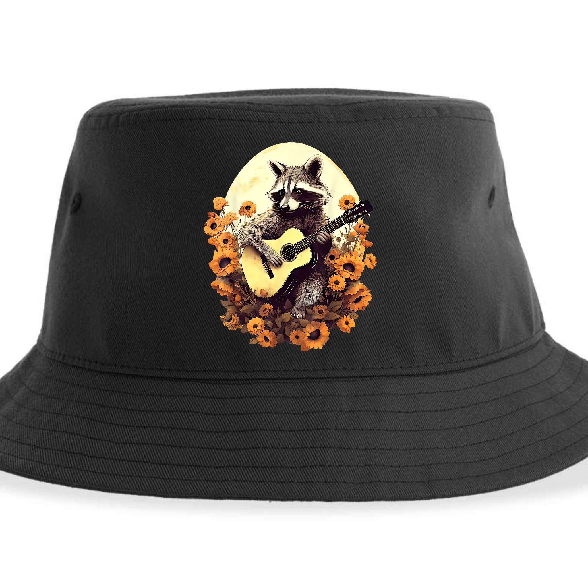 Raccoon Playing Guitar Floral Cottagecore Men Women Sustainable Bucket Hat
