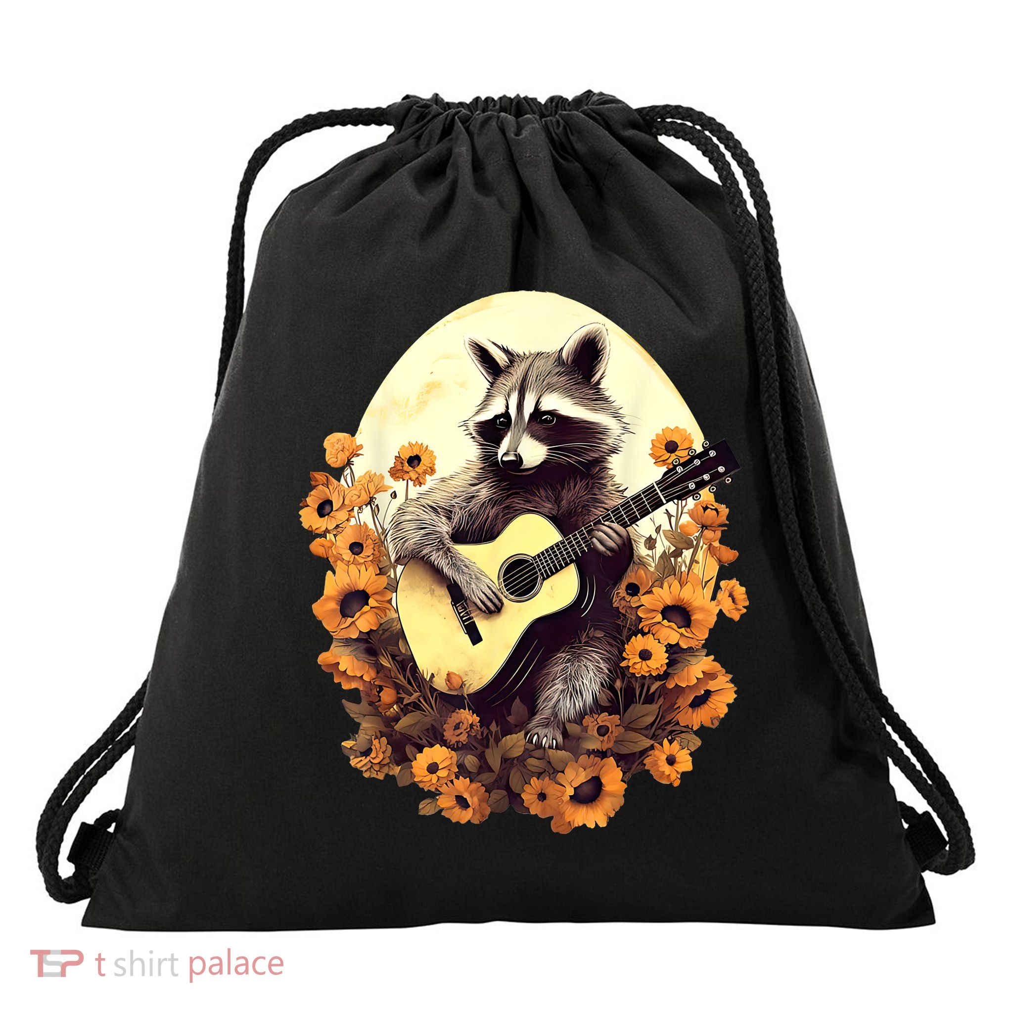 Raccoon Playing Guitar Floral Cottagecore Men Women Drawstring Bag