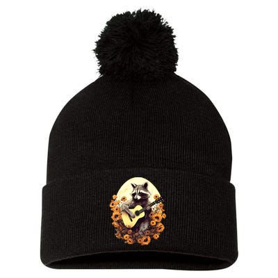 Raccoon Playing Guitar Floral Cottagecore Men Women Pom Pom 12in Knit Beanie