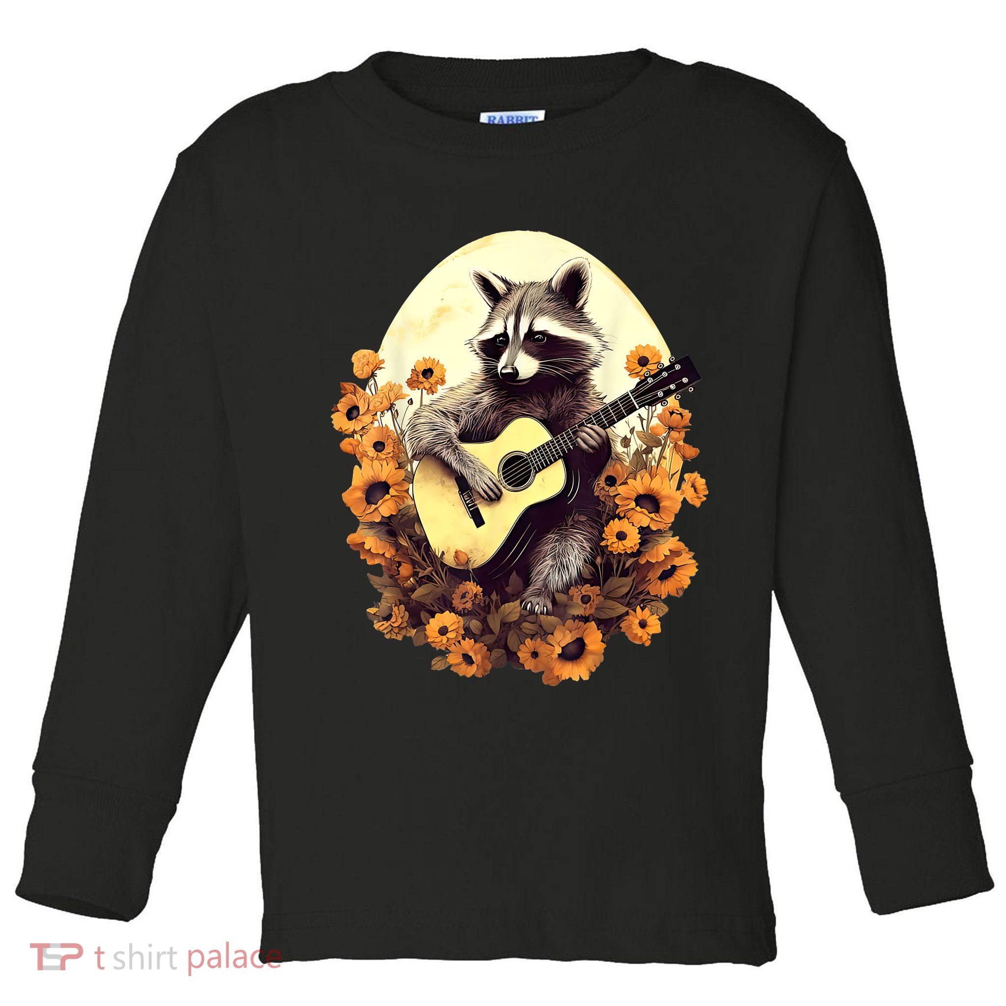 Raccoon Playing Guitar Floral Cottagecore Men Women Toddler Long Sleeve Shirt